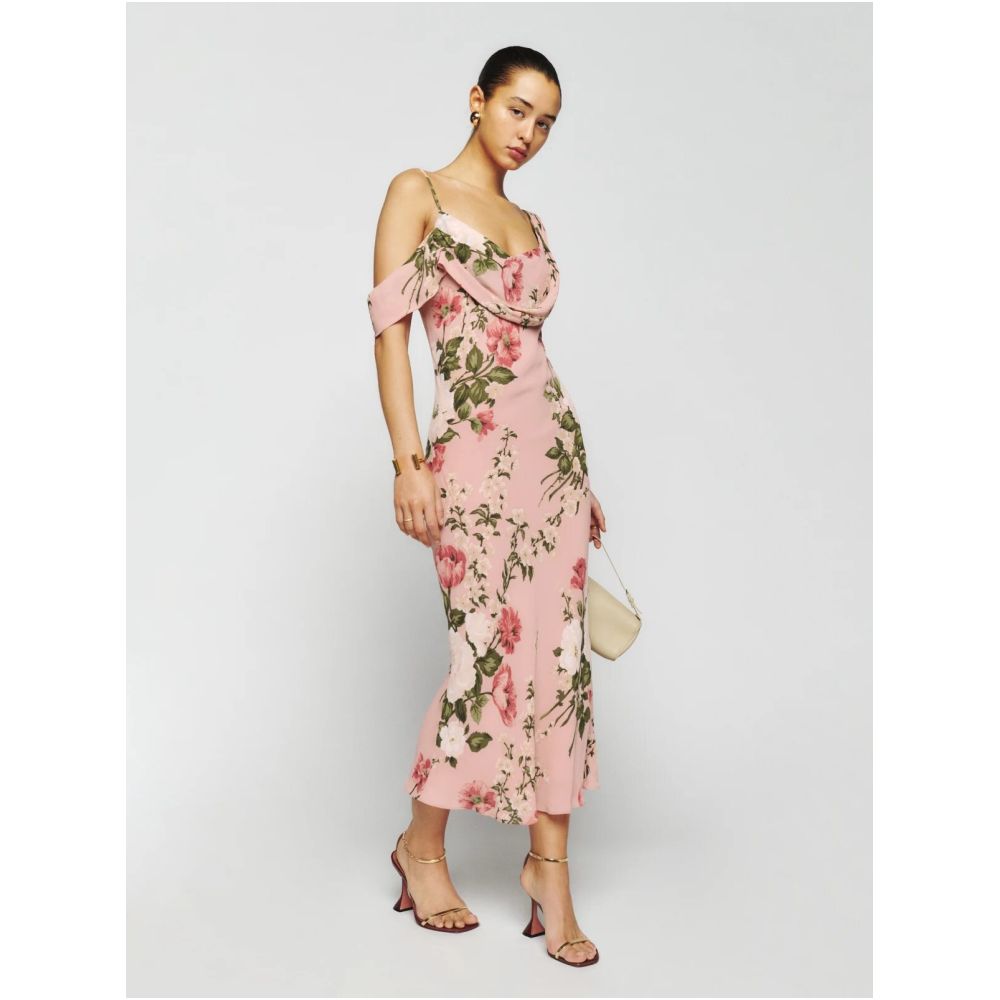 Inhee homemade empty collar suspender one shoulder goddess diagonal cut grand flower pink charming and versatile dress image 5