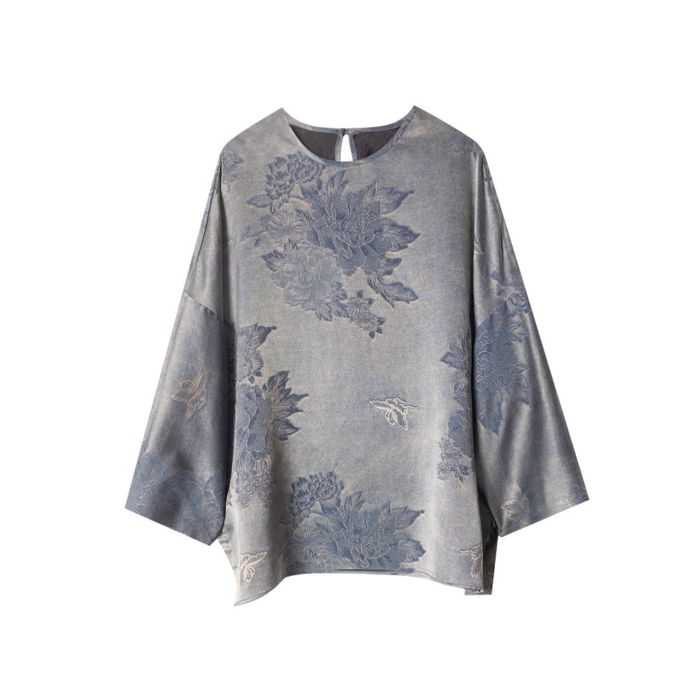 Morning and evening mist orchid heavy forging plant grass dyeing Mulberry Silk Large Loose Butterfly Peony Round Neck Fragrant Cloud Yarn T shirt image 5