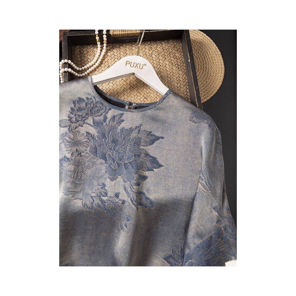 Morning and evening mist orchid heavy forging plant grass dyeing Mulberry Silk Large Loose Butterfly Peony Round Neck Fragrant Cloud Yarn T shirt image 0