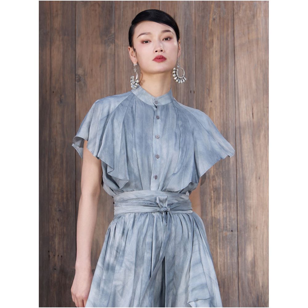 Boundary inside and outside standing collar lotus leaf sleeves short sleeved loose summer shirt made of old plant dyed silk shirt J52C1041 image 0