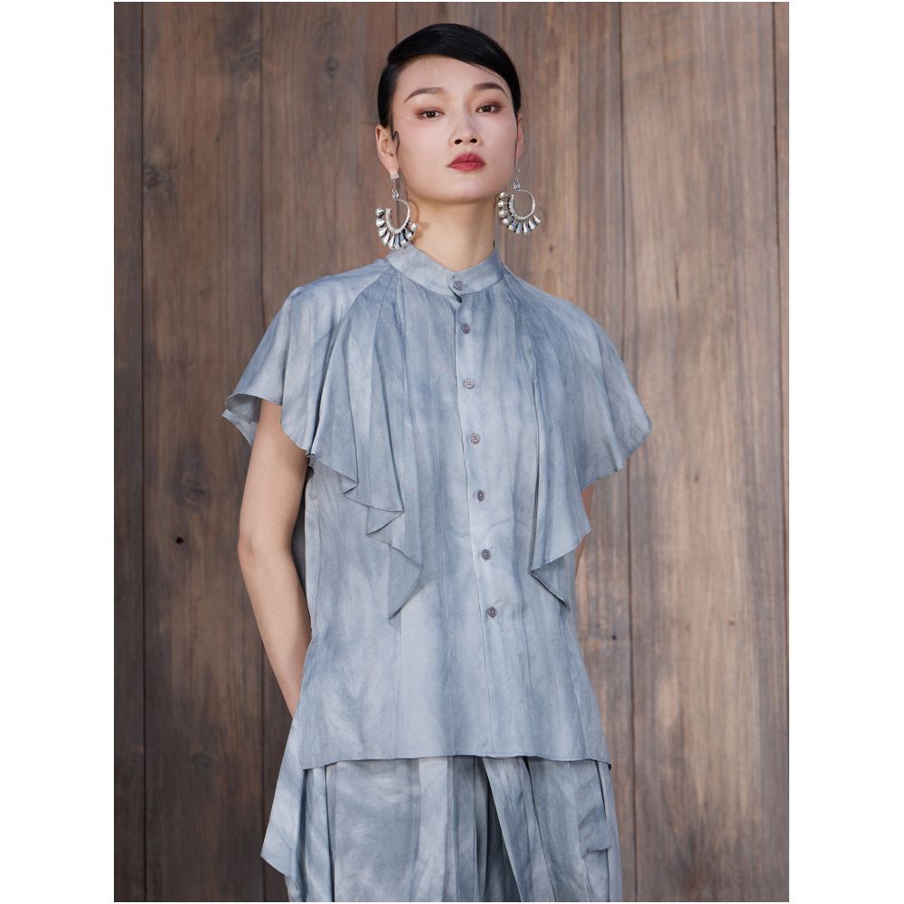 Boundary inside and outside standing collar lotus leaf sleeves short sleeved loose summer shirt made of old plant dyed silk shirt J52C1041 image 2