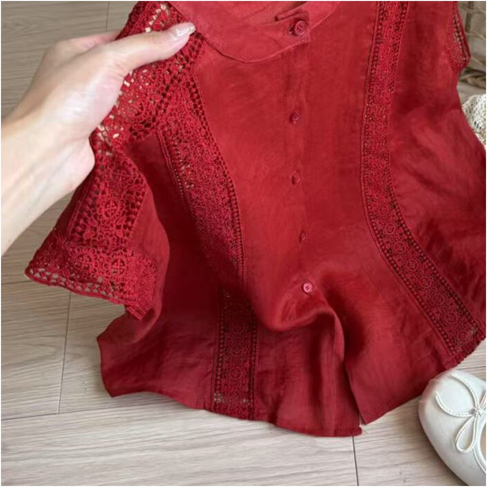 STUDIO celebrates today Extremely white Red heavy industry lace hollow out shirt for women s summer high end slimming short sleeved top image 2