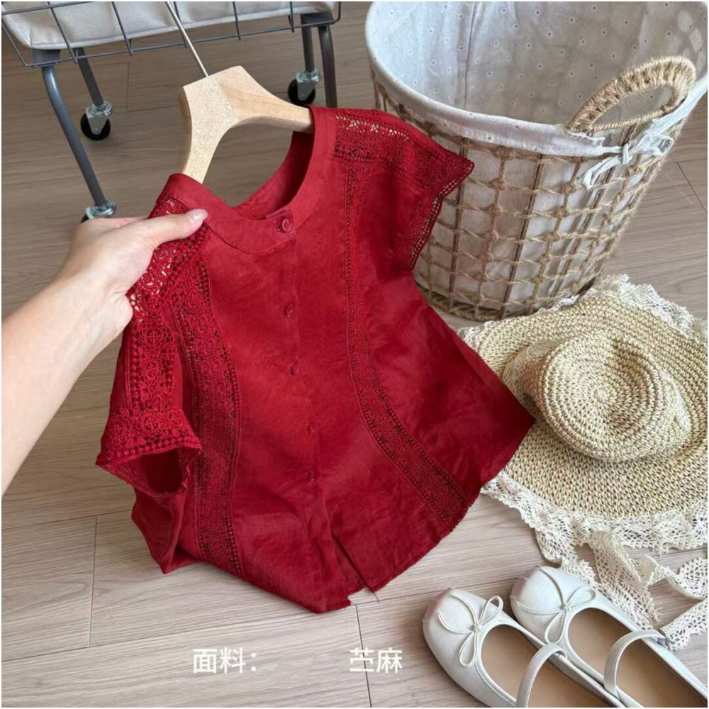 ASAYA6142 – Scarlet Lace Linen Blouse ❤️🌿