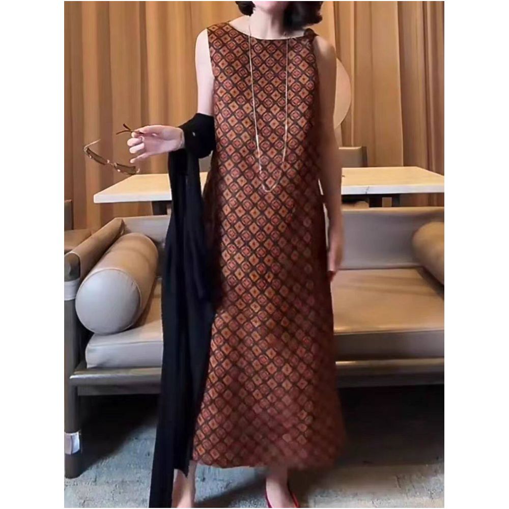 Chinese style high end Song brocade dress for women in the summer of 2025 new coffee color sleeveless vest high end feeling light mature long skirt image 1