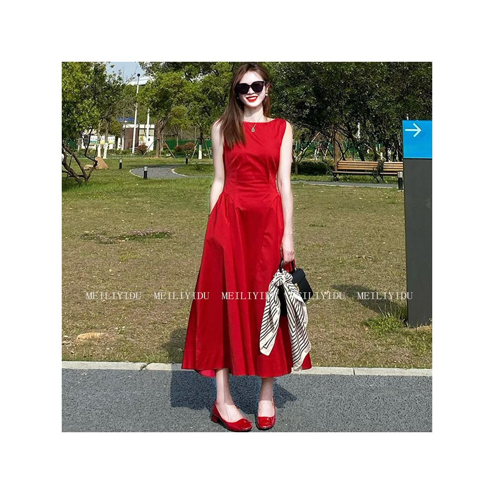 MLYD Customized Large Size French Style Red Sleeveless Western Dress with High Grade Collection Waist Mid length Edition Engagement Dress image 1