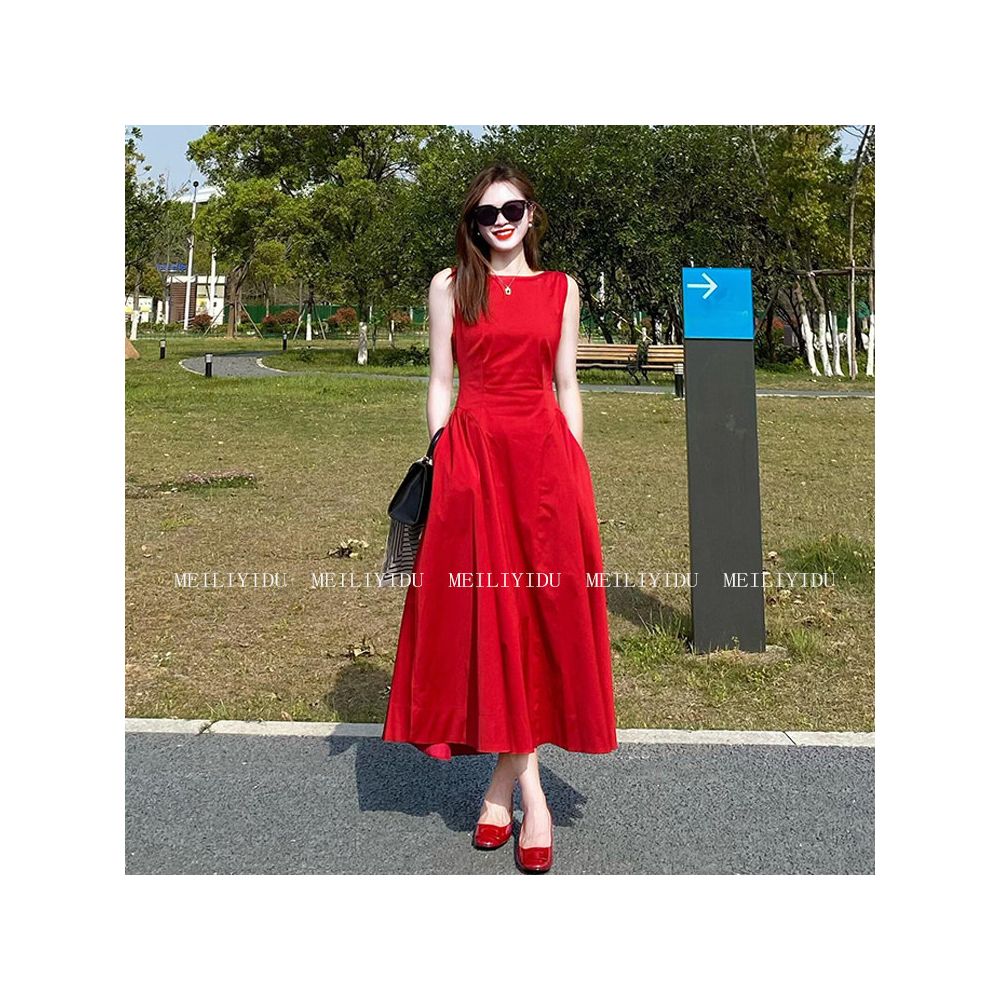 MLYD Customized Large Size French Style Red Sleeveless Western Dress with High Grade Collection Waist Mid length Edition Engagement Dress image 3