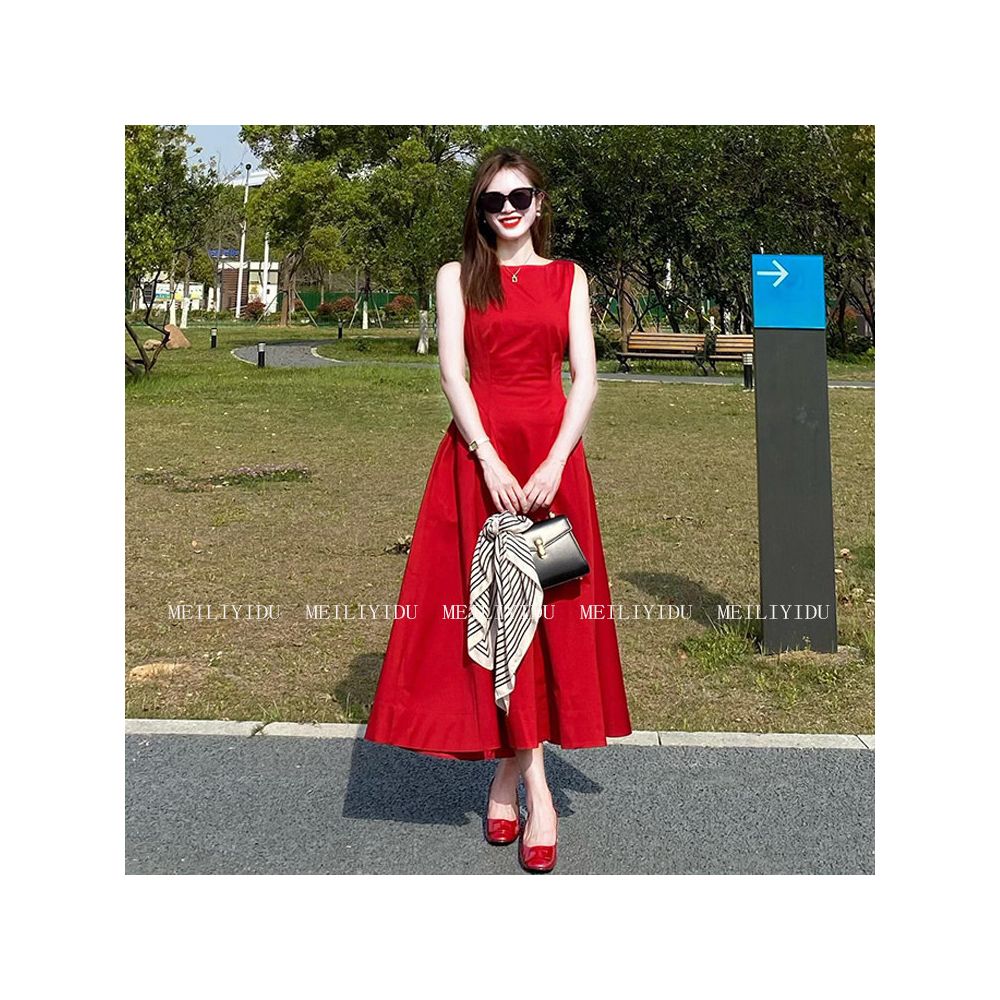 MLYD Customized Large Size French Style Red Sleeveless Western Dress with High Grade Collection Waist Mid length Edition Engagement Dress image 4