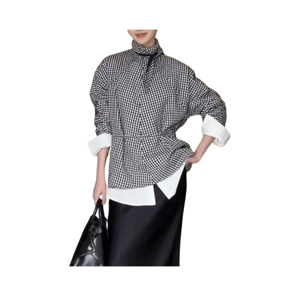Withdrawal of cabinet women s clothing 2025 autumn new fashion design sense super beautiful black and white checkered lapel long sleeved shirt women s clothing image 5