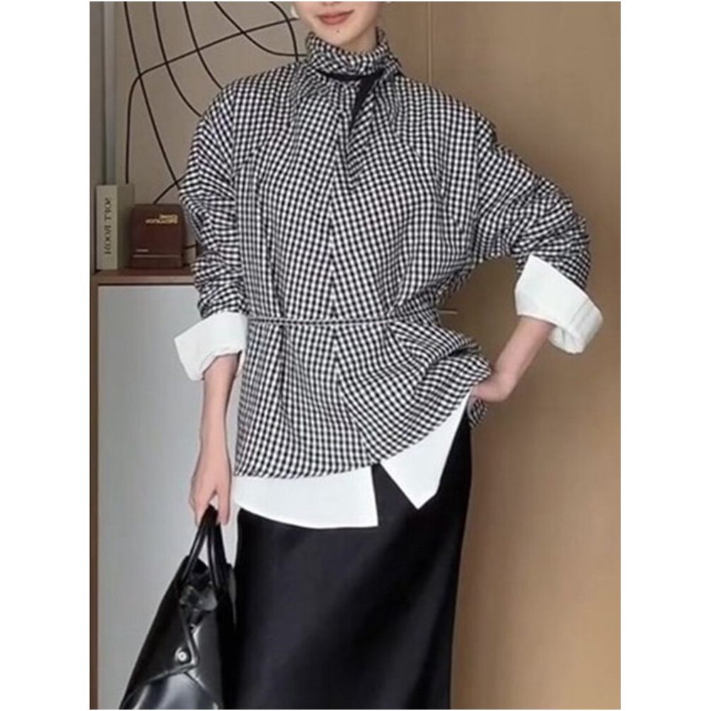 #ASAYA6148 – Gingham Tie-Neck Blouse 🖤🤍