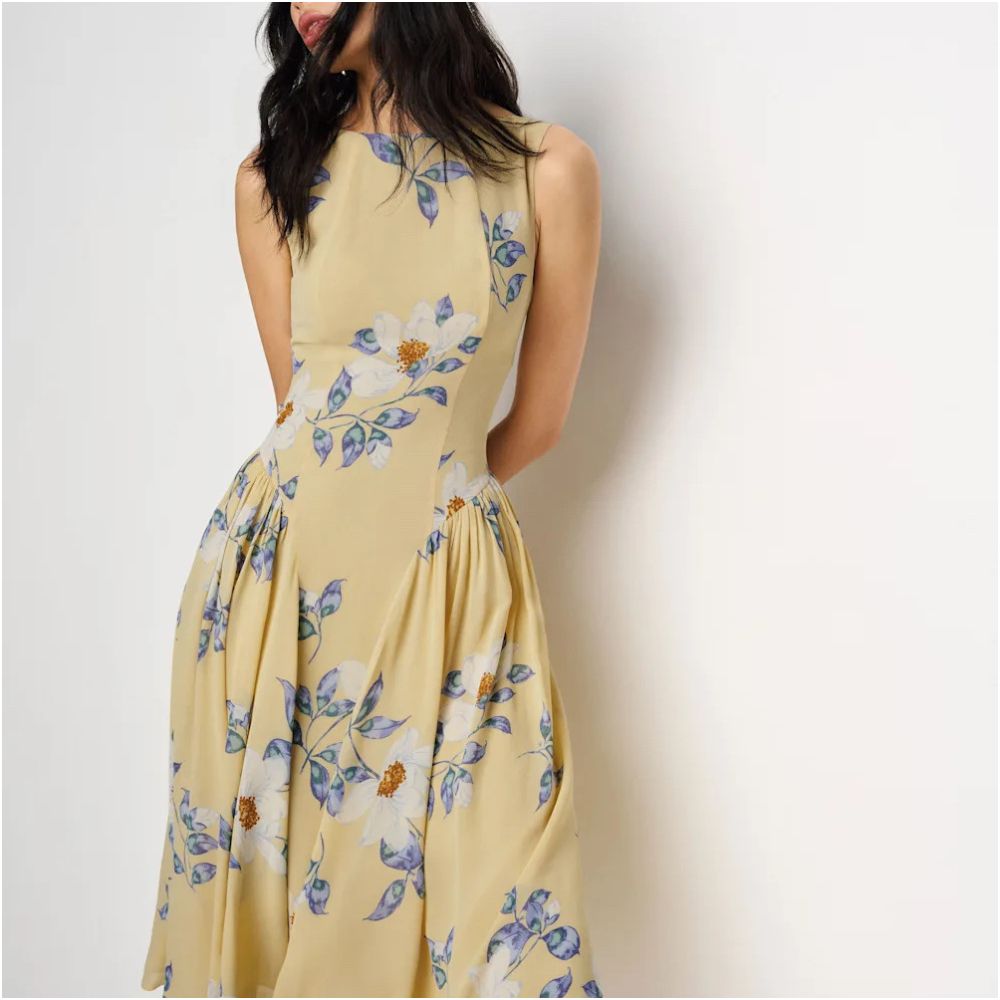 Inhee homemade ref sleeveless waist hugging vacation style light yellow small white floral floral dress image 1