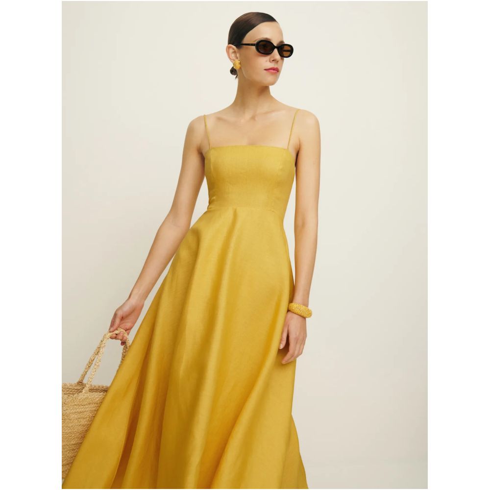 Inhee Homemade Elegant Classic Sunshine Sunflower Flat Mouth Thin Shoulder Strap Waist Large Skirt Linen Dress image 1