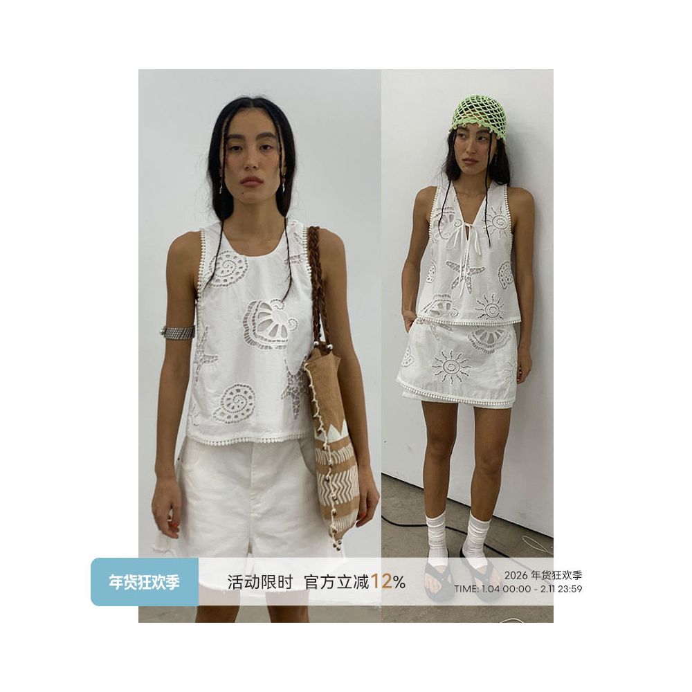 TiaTia Summer Ocean Front and Back Hollow A line Sleeveless Tank Top Low Waist A Swing Anti Skirt Pants image 1