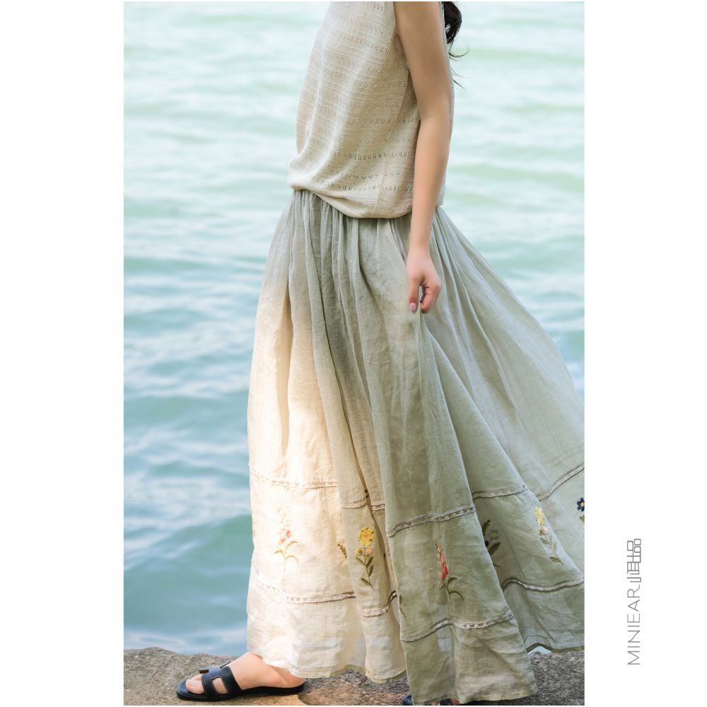 Xiao Er s 100 Ramie Lined Herbal Embroidered Retro Forest Style Artistic Versatile Strap Skirt image 0