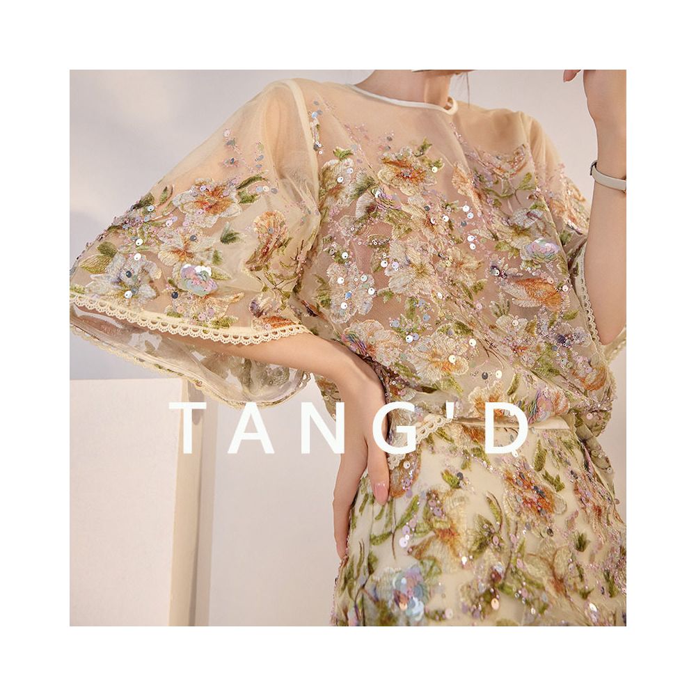 Tangdou Gaoding Tangli Yingxue Guofeng Flower Embroidery Heavy Industry Shining Short Sleeve High Waist Half Skirt Light Luxury Retro Style image 1