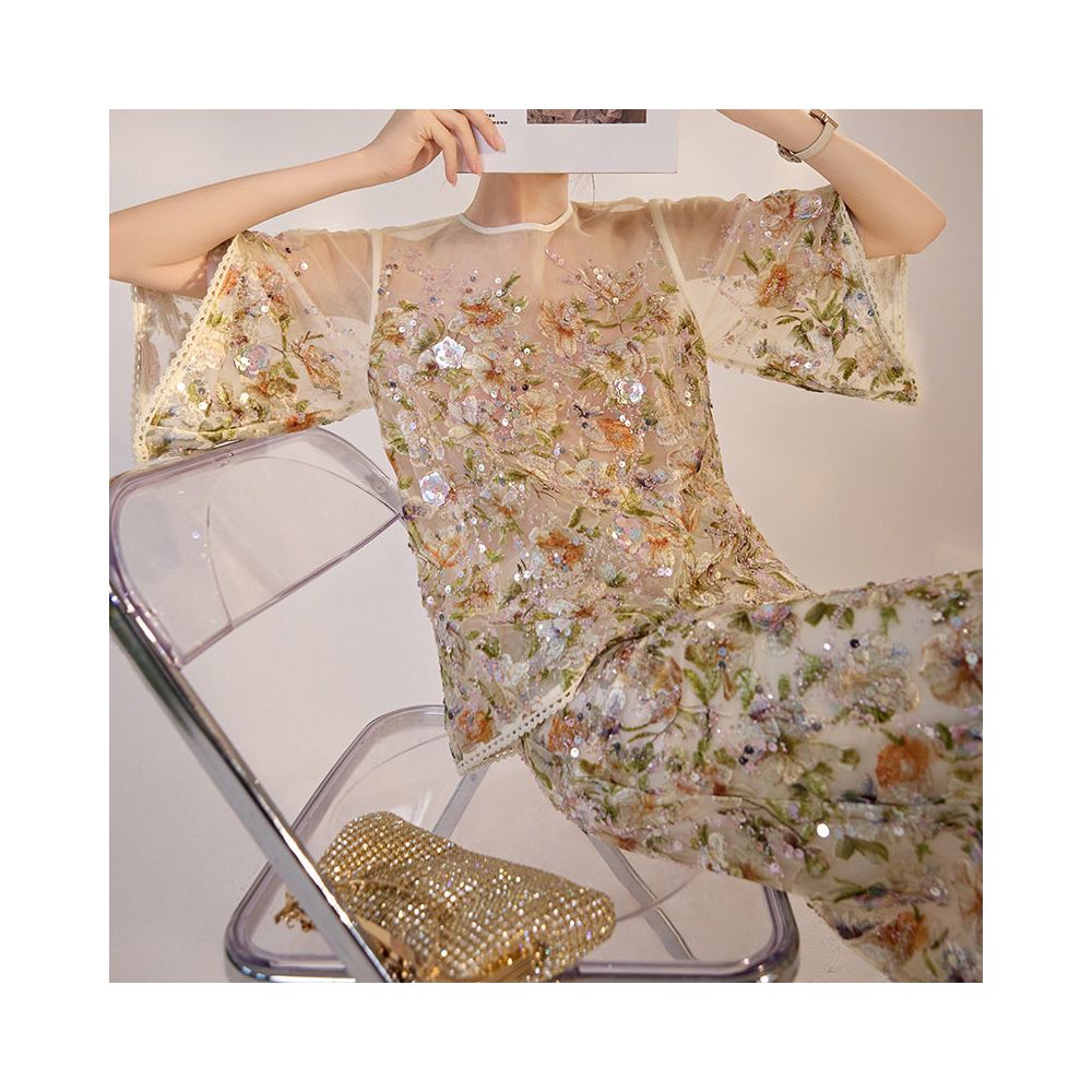 Tangdou Gaoding Tangli Yingxue Guofeng Flower Embroidery Heavy Industry Shining Short Sleeve High Waist Half Skirt Light Luxury Retro Style image 3