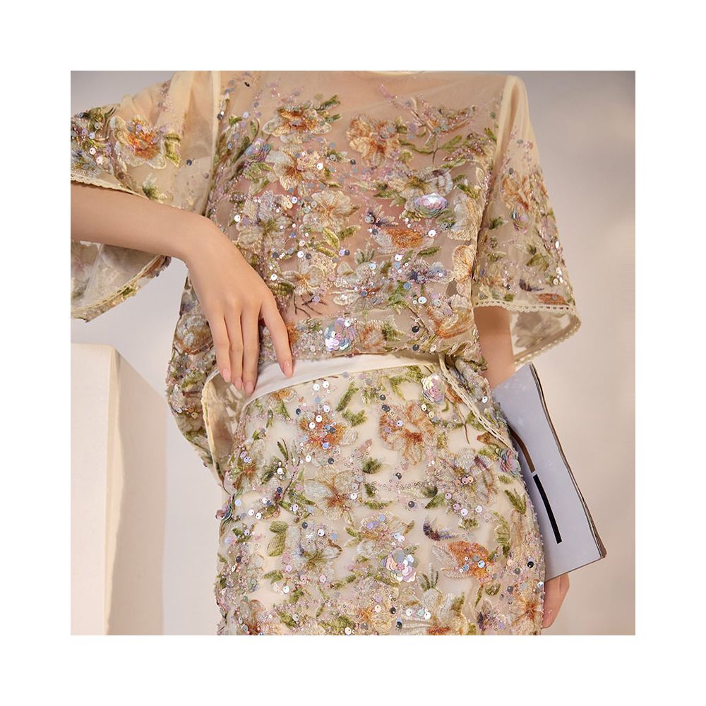 Tangdou Gaoding Tangli Yingxue Guofeng Flower Embroidery Heavy Industry Shining Short Sleeve High Waist Half Skirt Light Luxury Retro Style image 4
