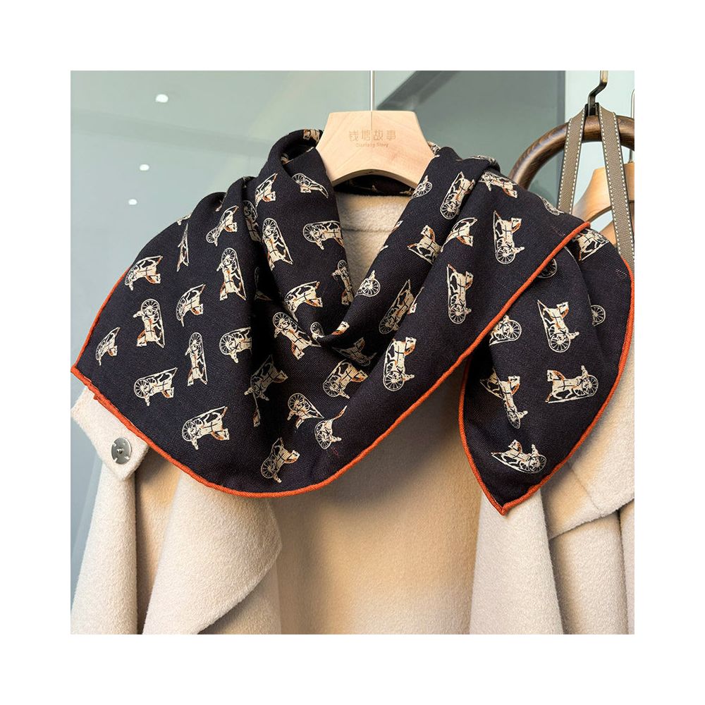 Italian red and black carriage Luxury silk and wool scarf versatile for women in spring and autumn multifunctional silk and wool square scarf shawl image 4