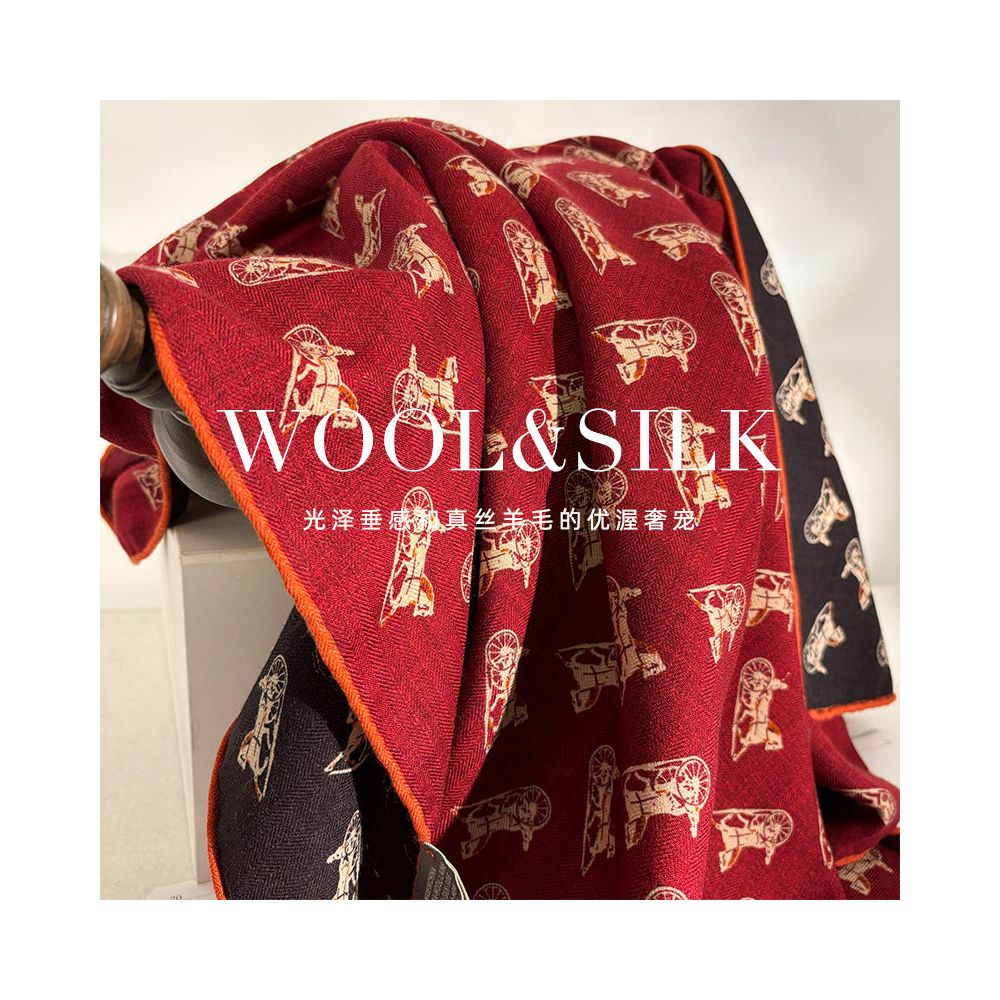 Italian red and black carriage Luxury silk and wool scarf versatile for women in spring and autumn multifunctional silk and wool square scarf shawl image 0