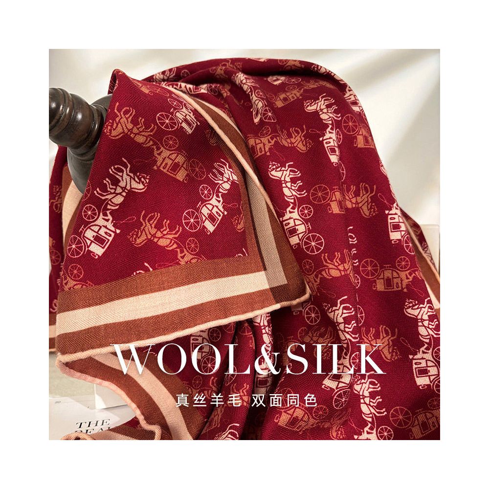 French style Anke pulled the red carriage Advanced silk wool scarf for women s spring and autumn warm silk wool square scarf shawl image 1
