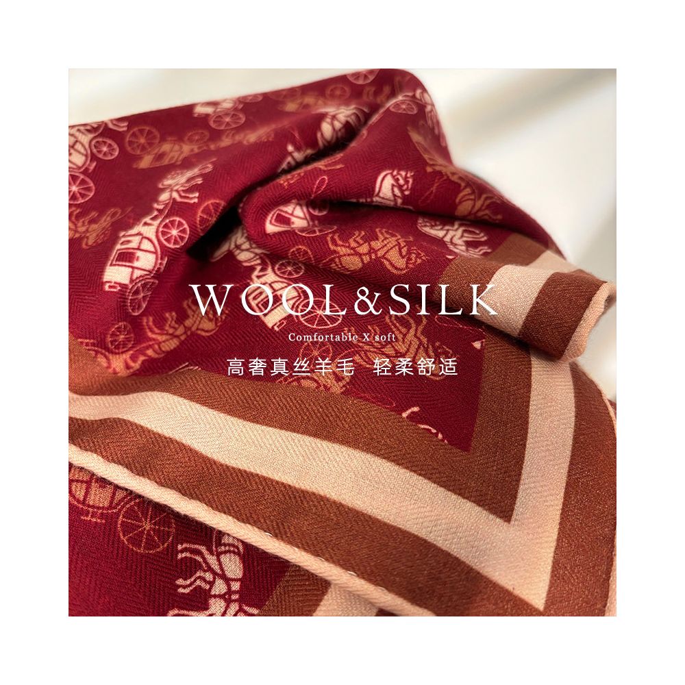 French style Anke pulled the red carriage Advanced silk wool scarf for women s spring and autumn warm silk wool square scarf shawl image 3