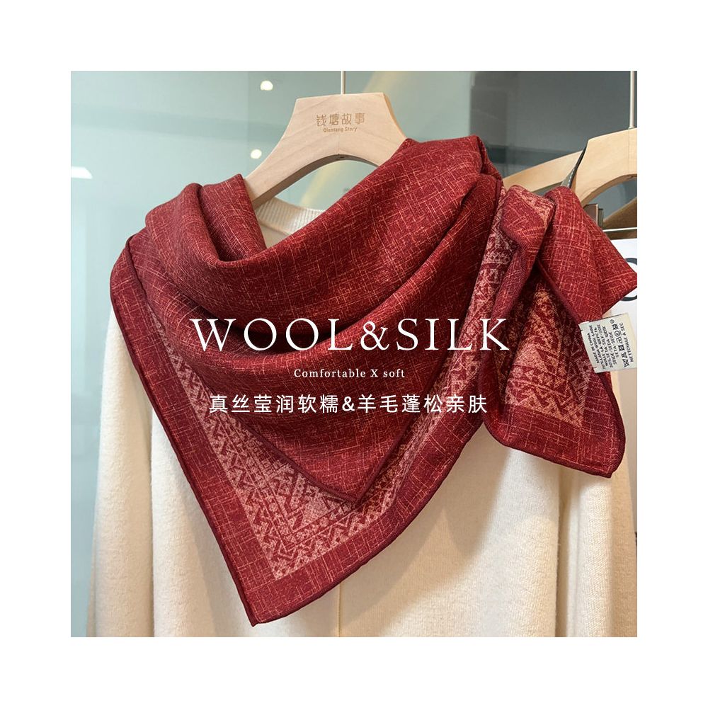 A niche tie dye pattern Light luxury Ankela red silk scarf for women s autumn and winter warm silk wool square scarf shawl image 4