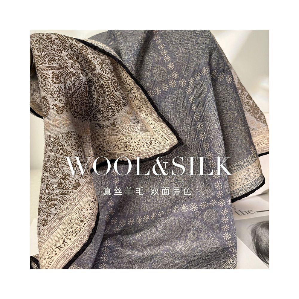 Paisley Old Money Wind Light luxury double sided silk wool scarf for women in spring and autumn silk wool square scarf decorative scarf dual use image 3