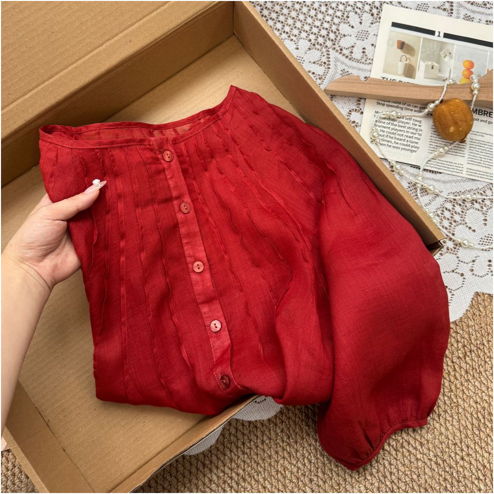CHAO level recommendation Extremely white Retro red patchwork wrinkled loose and slimming ramie shirt top for women image 3