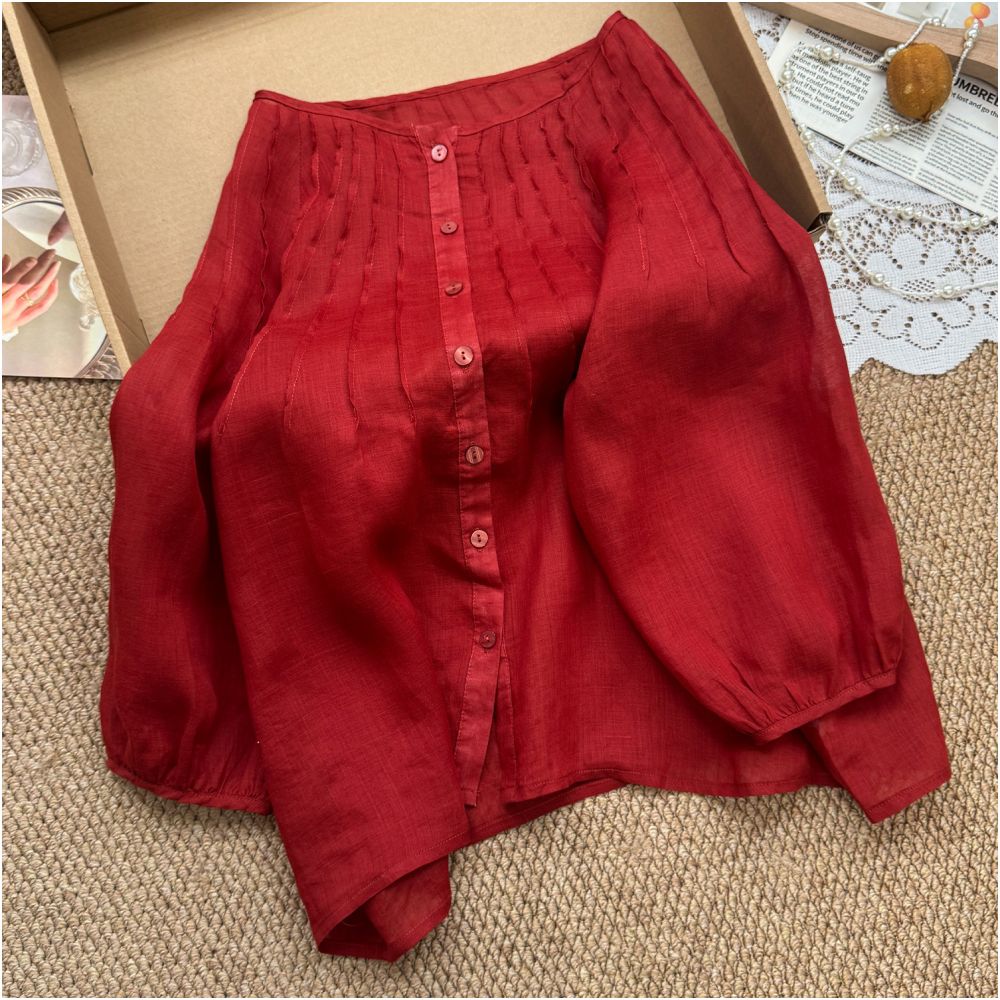 CHAO level recommendation Extremely white Retro red patchwork wrinkled loose and slimming ramie shirt top for women image 0