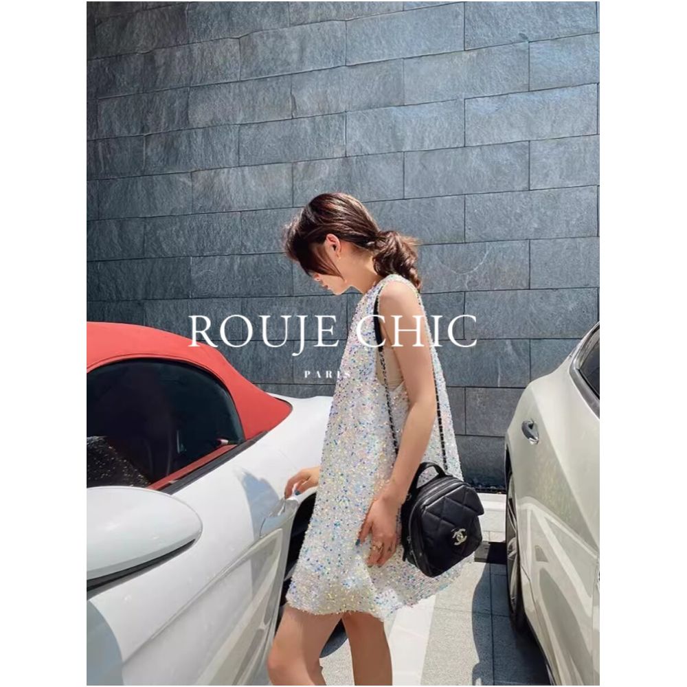 Rouje Chic French style versatile loose fitting sequined sleeveless dress for women summer A line skirt image 2