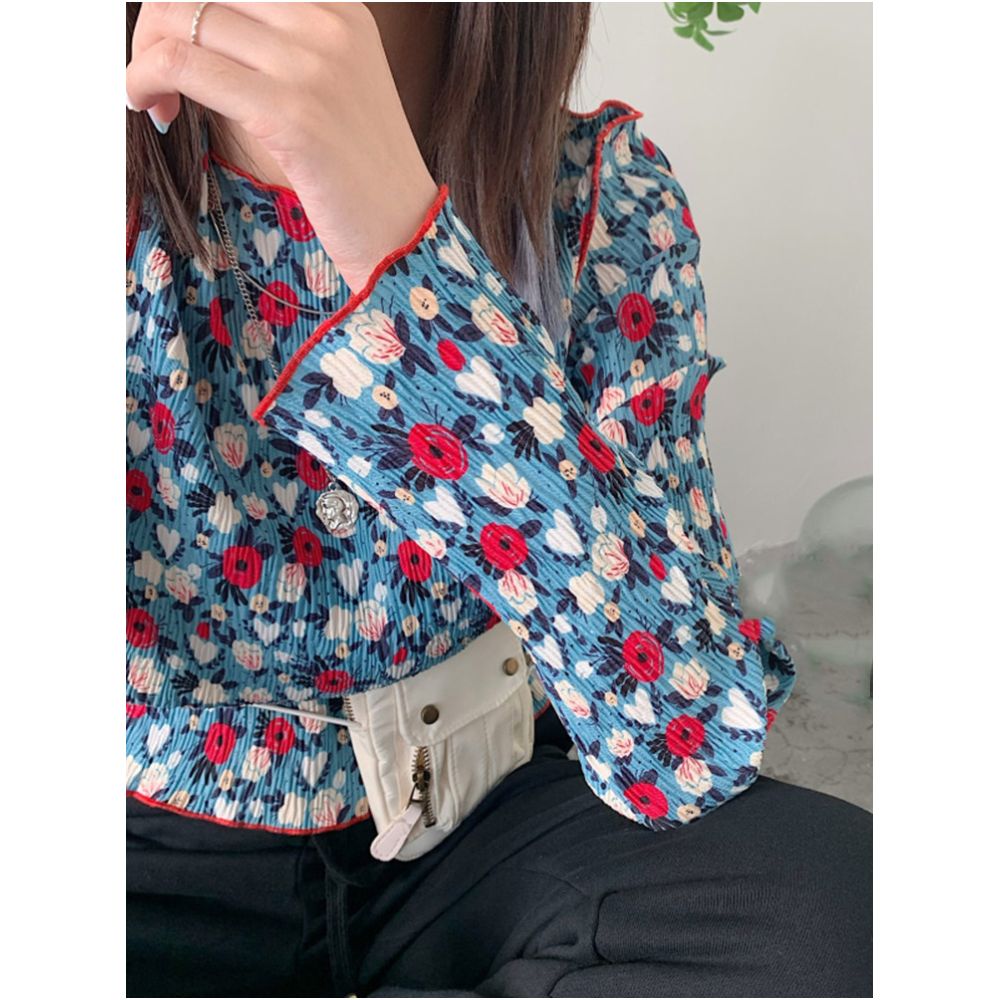 ASAYA6169 – Retro Bloom Pleated Top 🌺💙