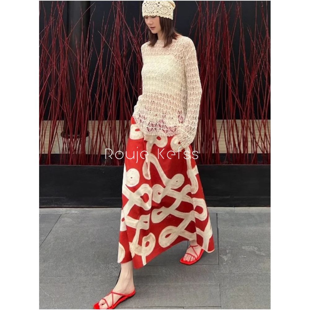 Rouje Kefss Retro Half length Skirt for Women with Elastic Waist Medium length A line Umbrella Skirt Hand drawn Printed Vacation Style Skirt image 0