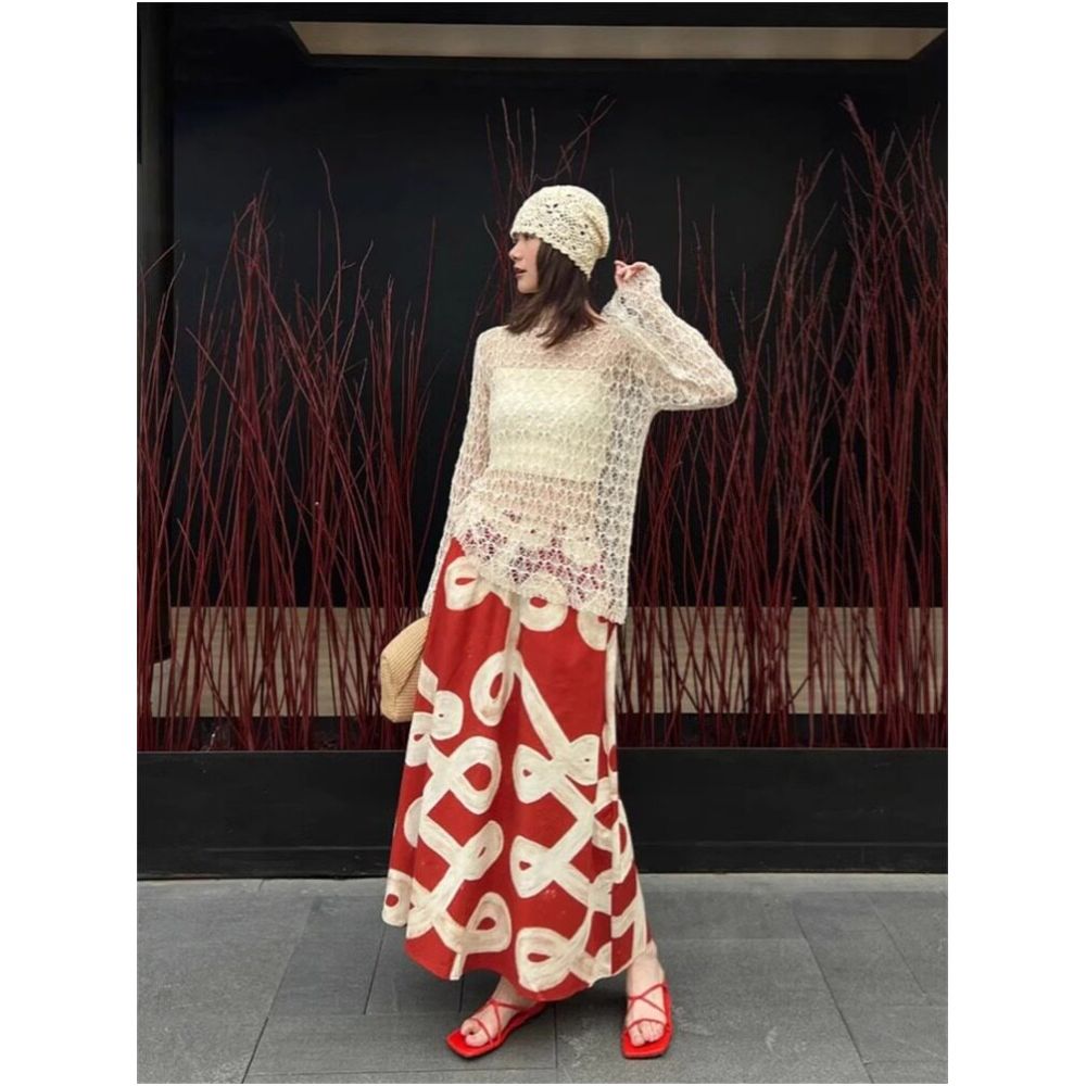 Rouje Kefss Retro Half length Skirt for Women with Elastic Waist Medium length A line Umbrella Skirt Hand drawn Printed Vacation Style Skirt image 2