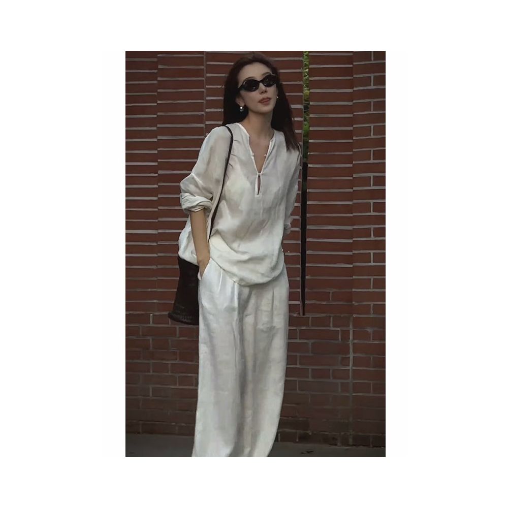 Cotton and linen women s high end set casual sports white shirt for spring and summer fashion simple temperament linen loose feeling wearing style image 5