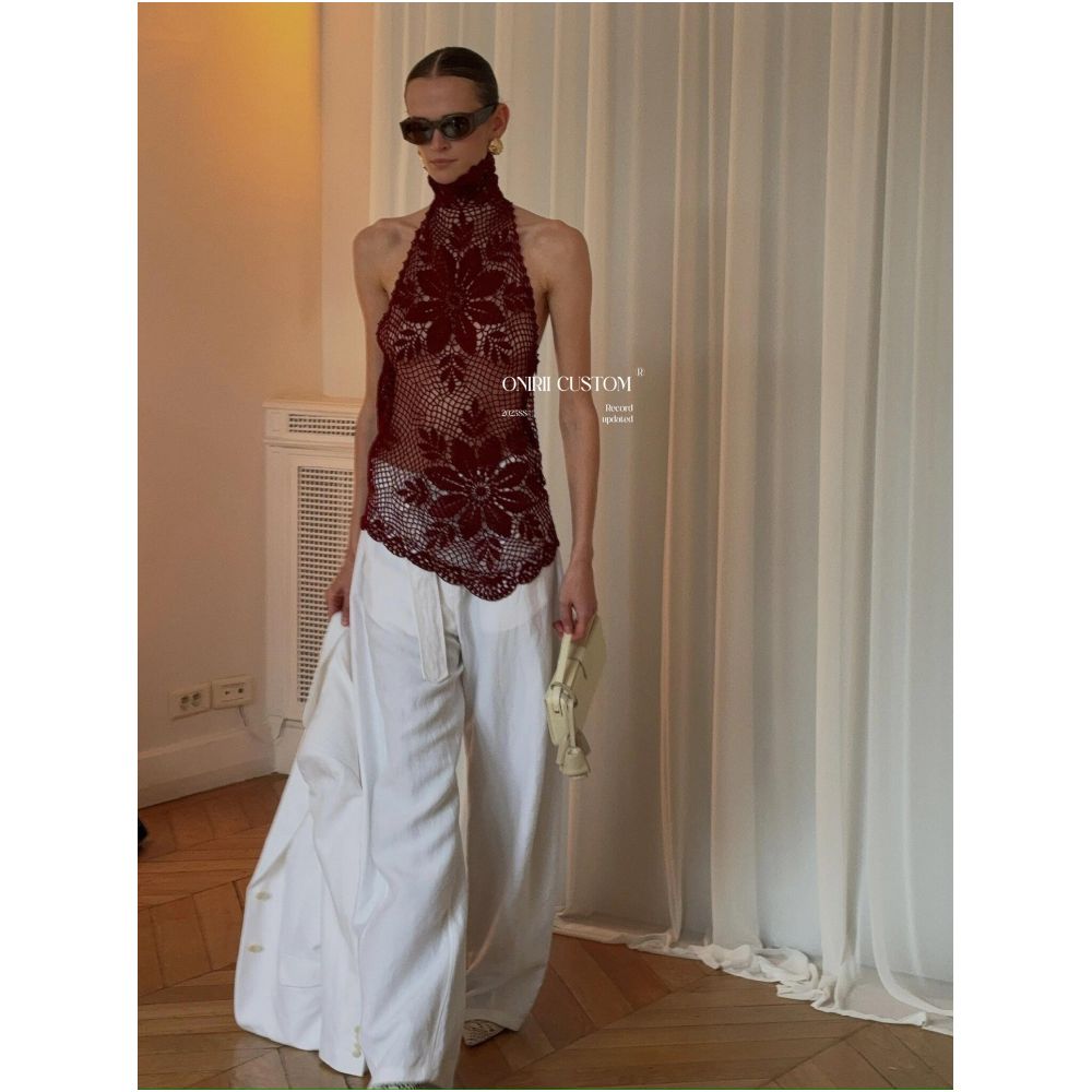 ONIRII 7 24 Correct Edition Magda Handmade Flower Crochet Hook Knitted Half High Neck Tank Top Two Piece Set image 2