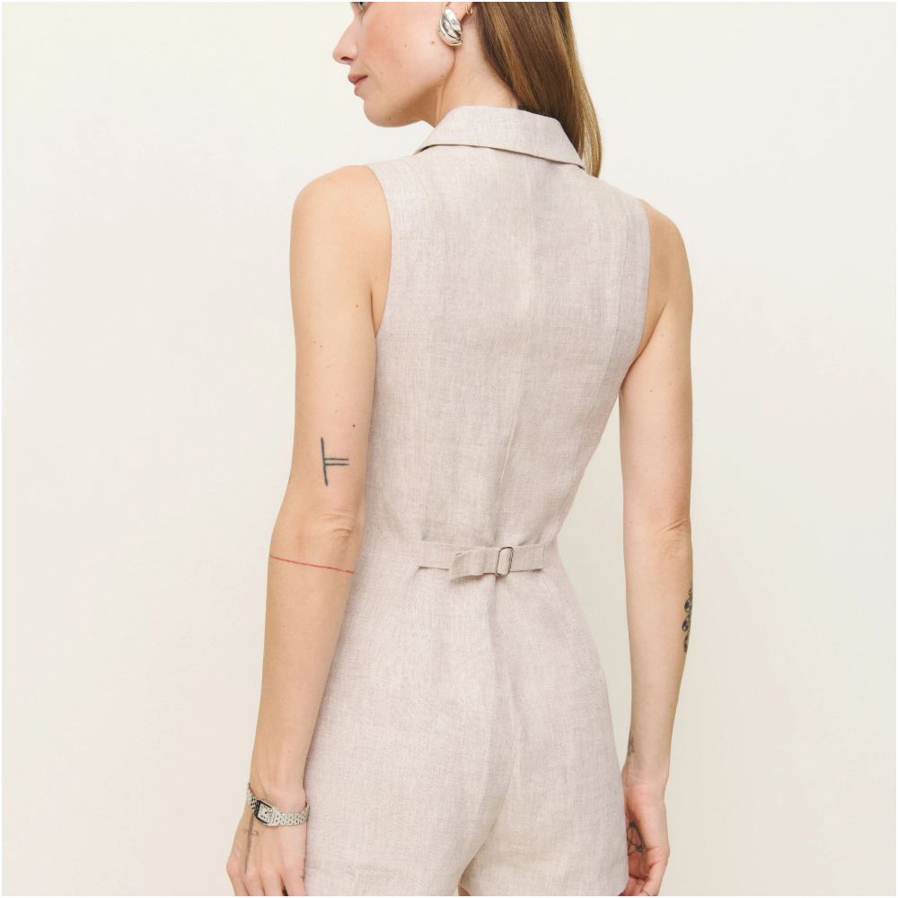 reformationn French old money style fashionable slimming linen V neck waist cinching sleeveless jumpsuit shorts image 5