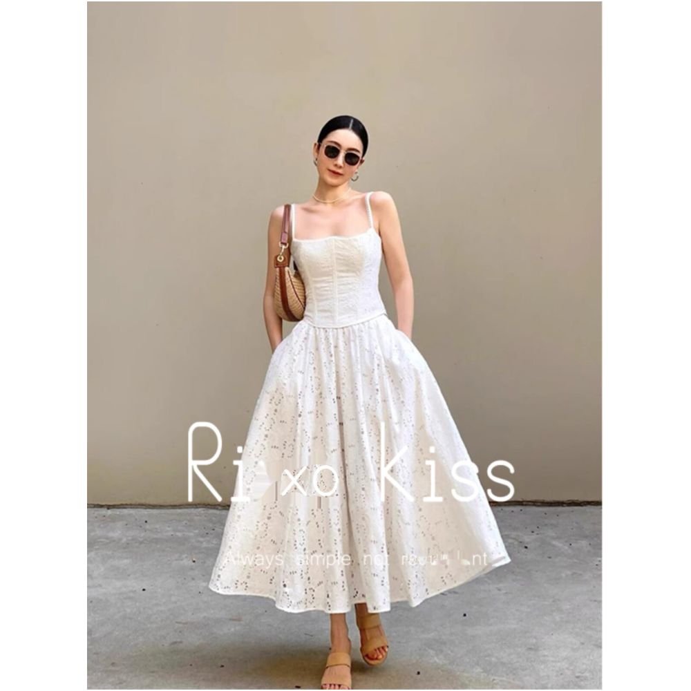 French style Rixo Kiss elegant white openwork sleeveless slip dress summer vacation fitted A line puff dress image 0