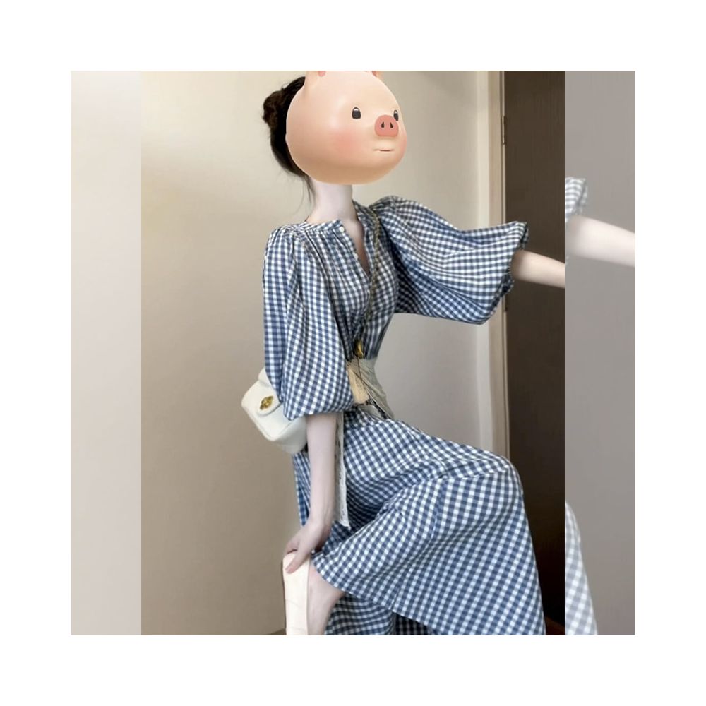 French retro temperament gentle style blue checkered dress goddess dressing generous and appropriate waist cinching and slimming long skirt image 1