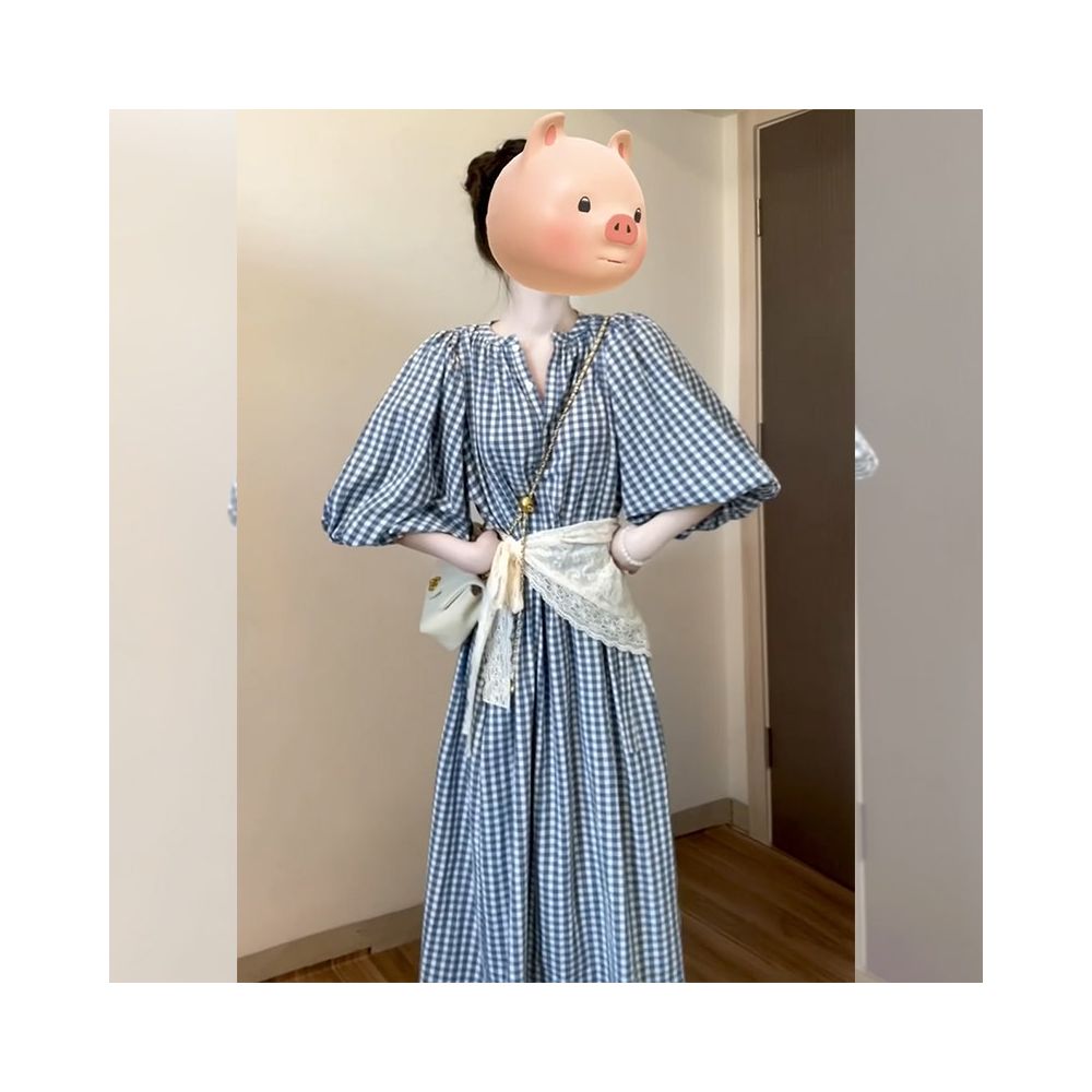 French retro temperament gentle style blue checkered dress goddess dressing generous and appropriate waist cinching and slimming long skirt image 2
