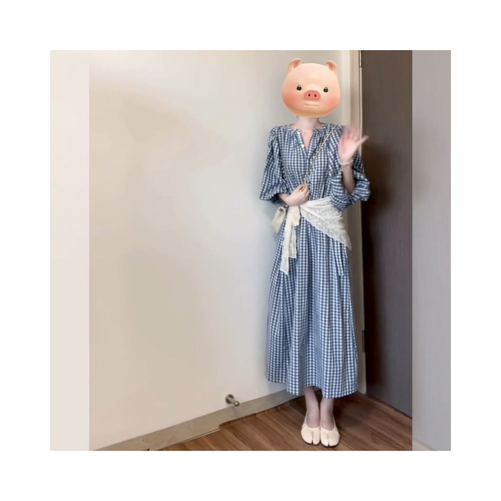 French retro temperament gentle style blue checkered dress goddess dressing generous and appropriate waist cinching and slimming long skirt image 3