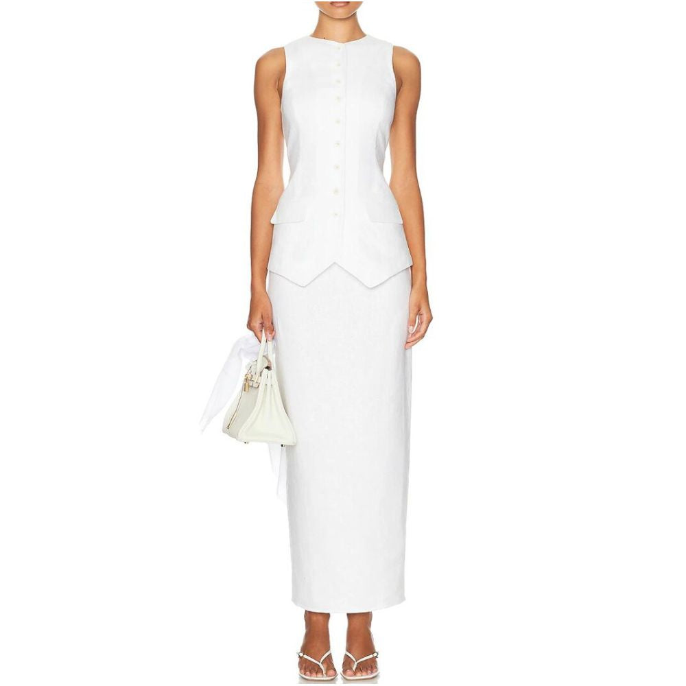 Elsa s same style linen round neck sleeveless fitted waist vest top and high waist skirt set in Instagram style image 4