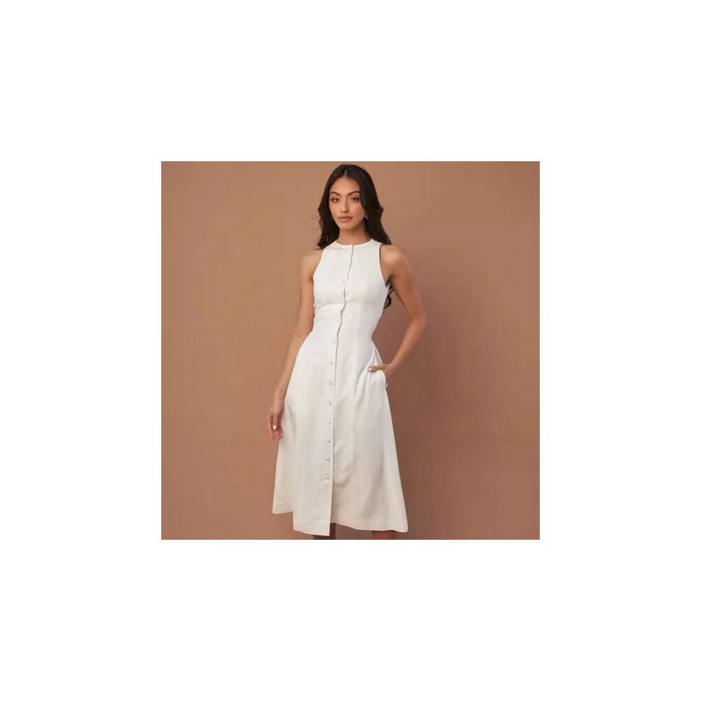 Dish niche design imported linen dress French retro single breasted A line lace up temperament waist cinching long skirt image 5