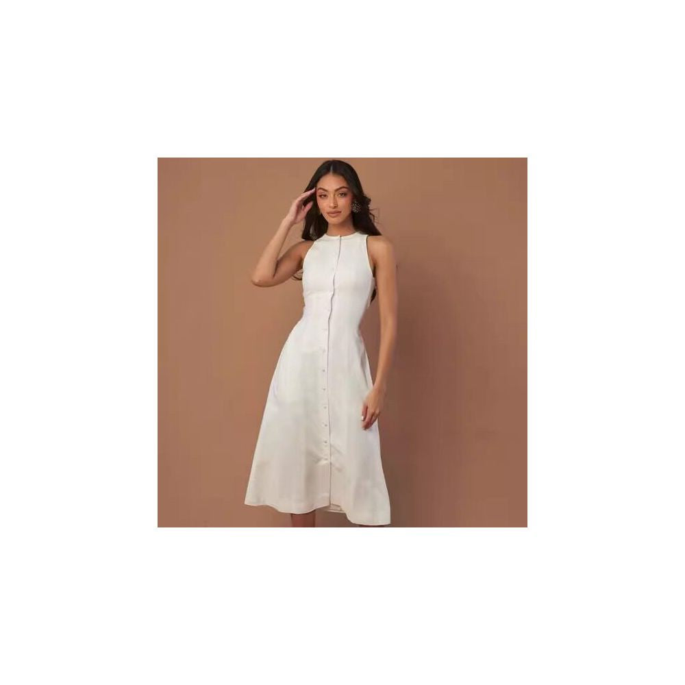 Dish niche design imported linen dress French retro single breasted A line lace up temperament waist cinching long skirt image 0
