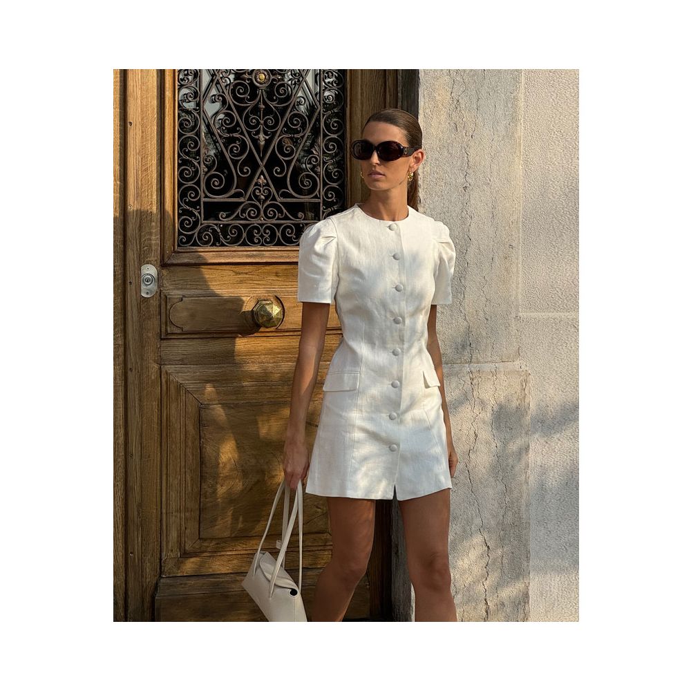 Eenkcos sophisticated old money style light luxury single breasted linen dress simple waist cinching niche white dress image 1