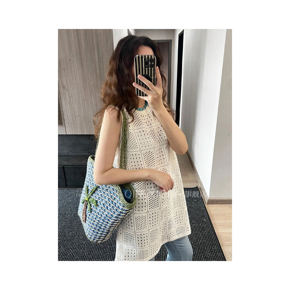 Ready to ship Qingxiqin French hollow knitted vest summer high end temperament slimming sleeveless vest long top image 1