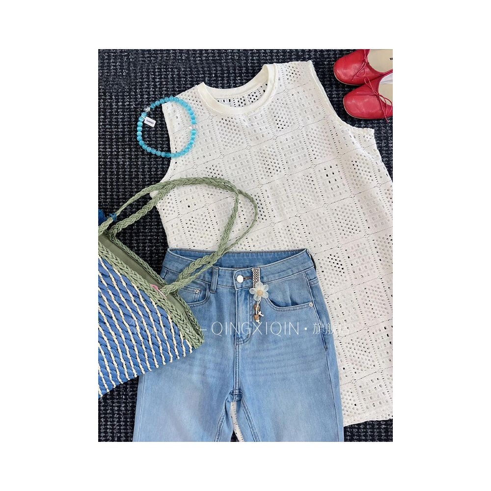 Ready to ship Qingxiqin French hollow knitted vest summer high end temperament slimming sleeveless vest long top image 5