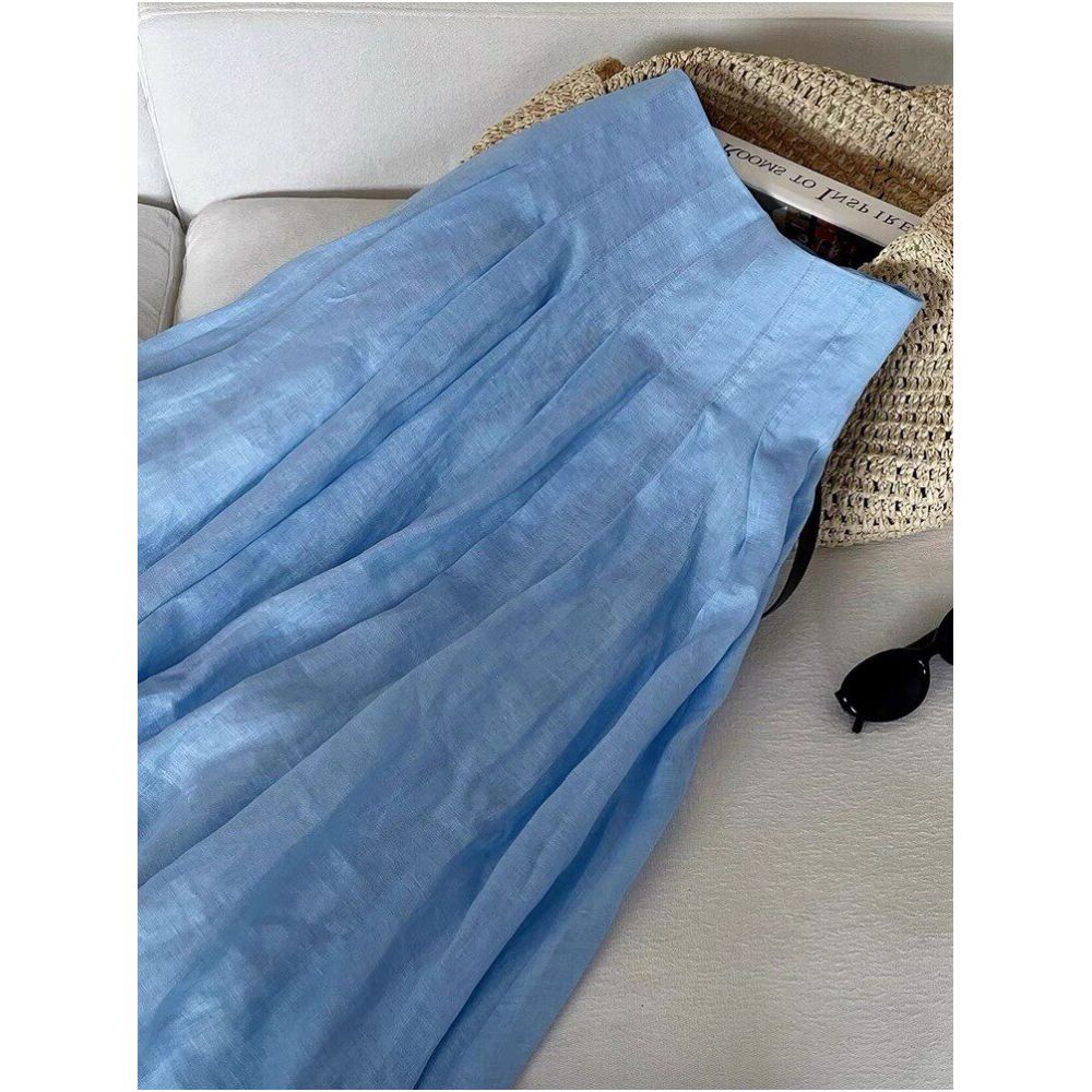 Bull X cargo exploded Blue Cotton Hemp Half length Skirt for Women Summer Thin Breathable Medium to Long Large Swing Ramie Umbrella Skirt image 1