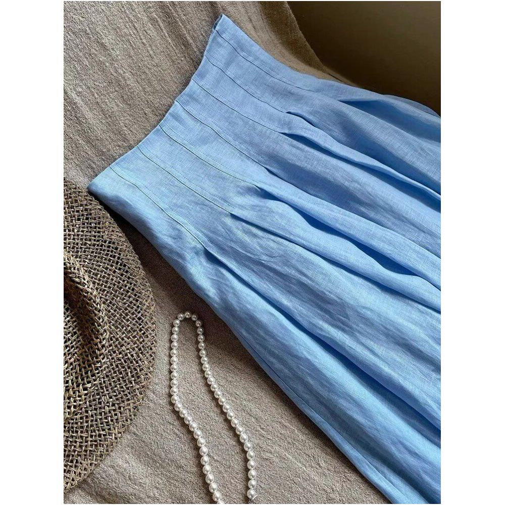 Bull X cargo exploded Blue Cotton Hemp Half length Skirt for Women Summer Thin Breathable Medium to Long Large Swing Ramie Umbrella Skirt image 5