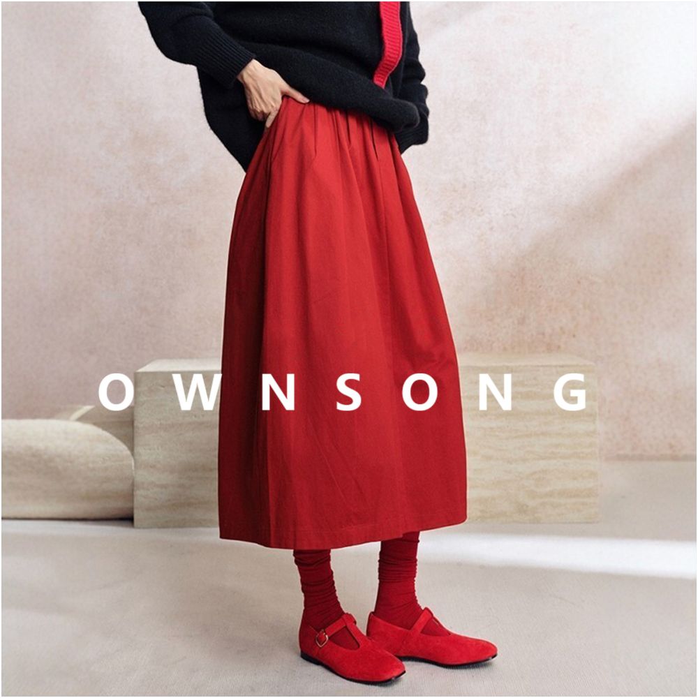 OWNSONG Red Yamamoto Skirt Lantern Skirt Autumn Winter New High Waist A line Medium Long Flower Bud Umbrella Skirt image 0