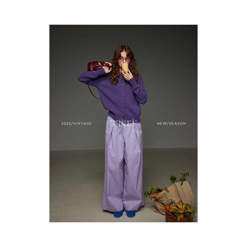 TNIT Retro Purple Single Row Red Button Knitted Cardigan Women s Autumn and Winter Soft Sticky Round Neck Design Sweater Top image 1