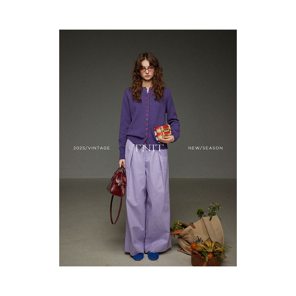 TNIT Retro Purple Single Row Red Button Knitted Cardigan Women s Autumn and Winter Soft Sticky Round Neck Design Sweater Top image 3